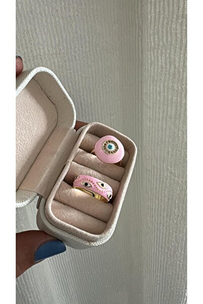 Kadın Ayarlanabilir Model Gold Ve Pembe Renk Mineli Zirkon Taş Detaylı Yüzük Set