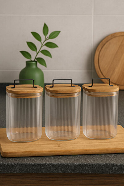 Dia 3-Piece Glass Jar Set Storage Container Acacia Vacuum Lid Modern Set