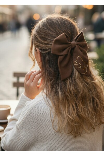 bonbela Kedi Figürlü İşlemeli Keten Kurdele Toka - Sevimli Kadın Tokası - Nak...