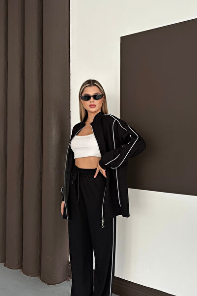 moda poni Women's Black Modal Fabric Oversized Tracksuit Set