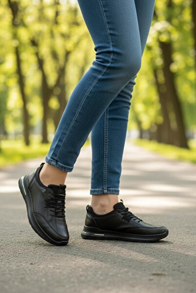 sistem Kadın Hakiki Deri Siyah Spor Ayakkabı Rahat Ortopedik Günlük Deri Sneaker