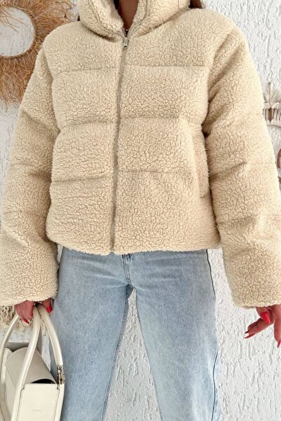 moda armanc Women's Oversized Plush Women's Coat – Teddy Fleece Beige Puffer Coat - Winter Soft Teddy Bear Jacket