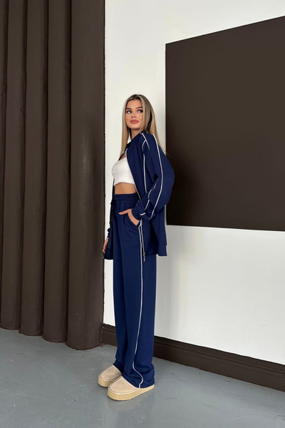 moda poni Women's Navy Blue Modal Fabric Oversize Tracksuit Set