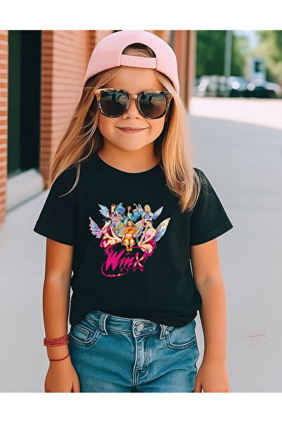 lovver Μαύρο παιδικό μπλουζάκι από 100% βαμβάκι με σχέδιο Winx, με εκτύπωση υ...