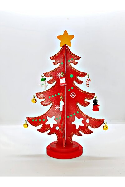 DEK 22.5 cm Red Wooden Tabletop Christmas Tree | Decorative Mini Christmas Pine Ornament