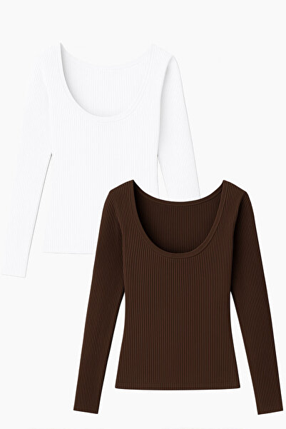 EFFE 2 Pieces Long Sleeve Boat Neck Ribbed Blouse