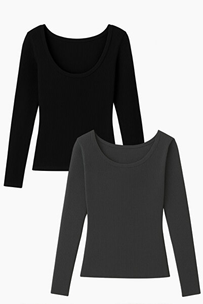 EFFE 2 Pieces Long Sleeve Boat Neck Ribbed Blouse