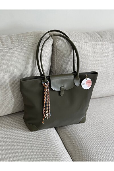 BAGLOVİS Charm Detailled Large Size Khaki Tote Bag En40 Boy30
