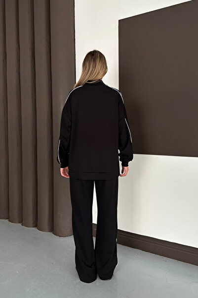 moda poni Women's Black Modal Fabric Oversized Tracksuit Set