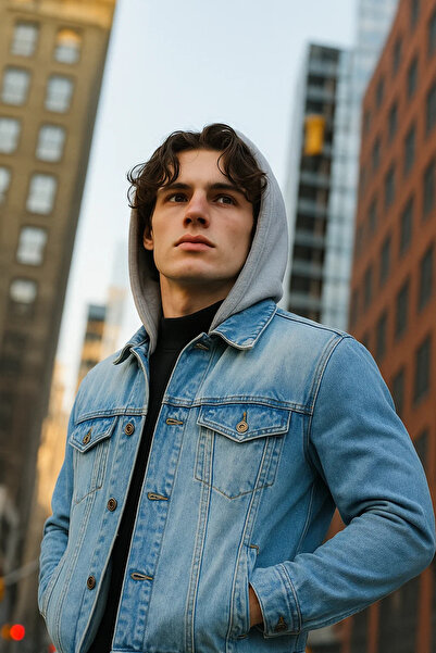 DAMGA JEANS Palton de blugi largi, albastru gheață, cu glugă, pentru bărbați,...