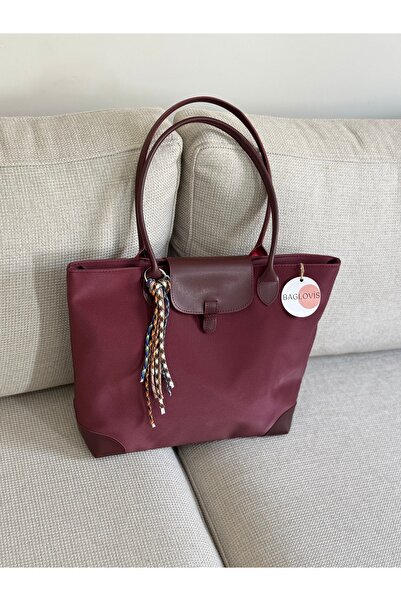 BAGLOVİS Charm Detailled Large Size Burgundy Tote Bag En40 Boy30