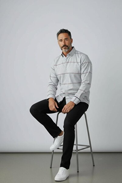 EREN STYLE Classic 100% Cotton Long Sleeve Anti-Sweat Winter 2-Color Striped Shirt (Regular Fit)