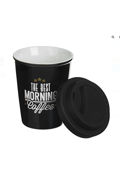 OEM Ceramic coffee cup with silicone lid, Black with text, 380 ml