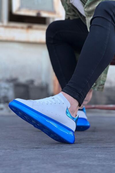 Lucy Shoes Yg095 Men's Lace-Up Thick High Sole Casual Leather Sneaker White/Blue - Cmt