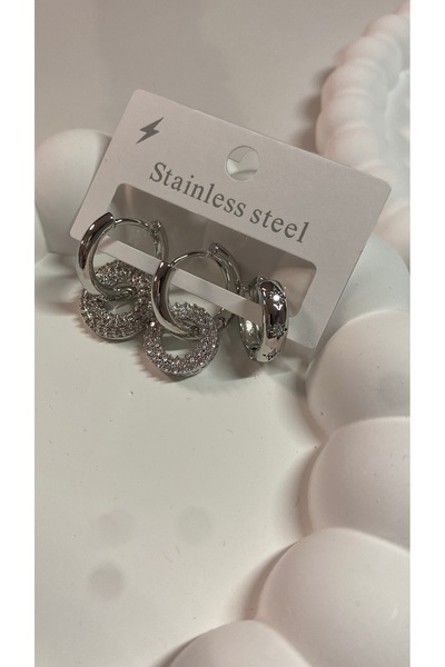 stainless steell Çelik Silver Üçlü Set Küpe