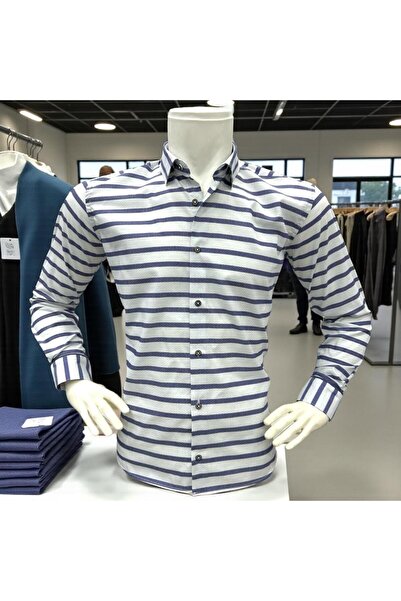 EREN STYLE Classic 100% Cotton Long Sleeve Anti-Sweat Winter 2-Color Striped Shirt (Regular Fit)