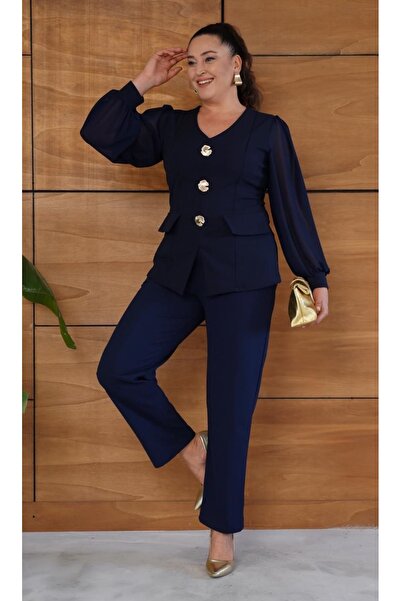 Butik Nilyam Women's Plus Size V-Neck Chiffon Sleeve Brooch Detail Blouse Pants Bottom Top Set 25065