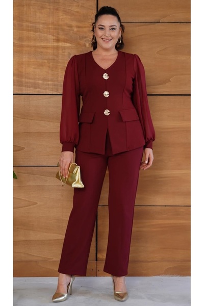 Butik Nilyam Women's Plus Size V-Neck Chiffon Sleeve Brooch Detail Blouse Pants Bottom Top Set 25065