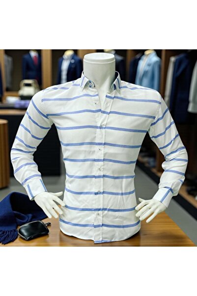 EREN STYLE Classic 100% Cotton Long Sleeve Anti-Sweat Winter 2-Color Striped Shirt (Regular Fit)