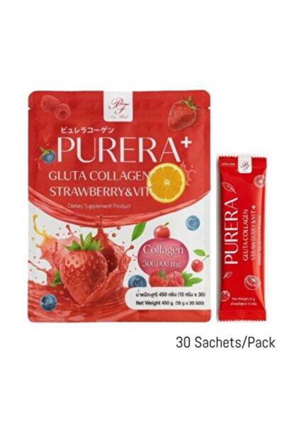 PureRawz بيورا جلوتا كولاجين بنكهة الفراولة وفيتامين سي، مغذي للبشرة، مضاد لل...