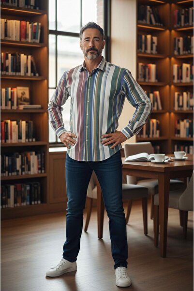 EREN STYLE Classic 100% Cotton Long Sleeve Anti-Sweat Winter 2-Color Striped Shirt (Regular Fit)