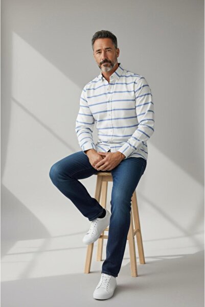 EREN STYLE Classic 100% Cotton Long Sleeve Anti-Sweat Winter 2-Color Striped Shirt (Regular Fit)