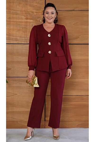 Butik Nilyam Women's Plus Size V-Neck Chiffon Sleeve Brooch Detail Blouse Pants Evening Dress Set 25064