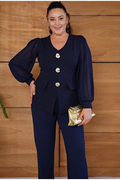 Butik Nilyam Women's Plus Size V-Neck Chiffon Sleeve Brooch Detail Evening Dress Suit 25063