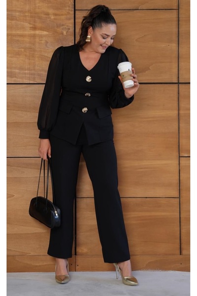 Butik Nilyam Women's Plus Size V-Neck Chiffon Sleeve Brooch Detail Evening Dress Suit 25063