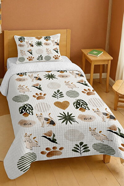 EVPANYA 100% Cotton Evie Cobalt Cat Patterned Single Bedspread Set