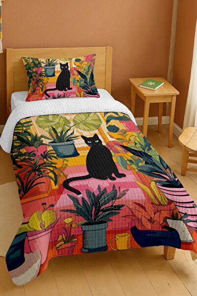 EVPANYA 100% Cotton Botanical Cat Patterned Single Pike Set in the Room