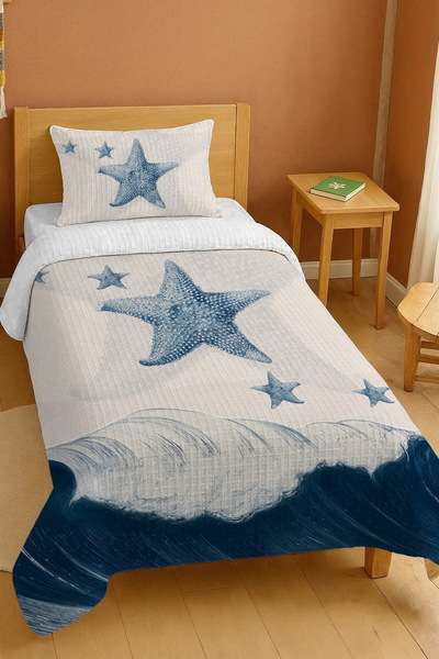 EVPANYA طقم بيكيه فردي بنمط نجم البحر الأزرق مصنوع من القطن بنسبة 100%