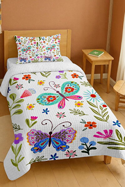 EVPANYA طقم بيكيه فردي بنمط غابة الفراشات الملونة مصنوع من القطن بنسبة 100%