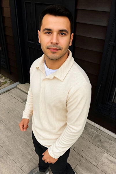 buğrahayalin Men's Corded Fabric Fleece Sweatshirt – Buttonless Polo Collar, Oversized Comfortable Fit, Thick Fleece