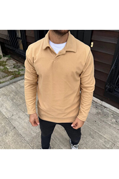 JANES Men's Corded Fabric Fleece Sweatshirt – Buttonless Polo Collar, Oversized Comfortable Fit, Thick Fleece Fabric,