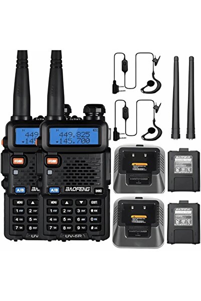 BAOFENG Two handheld walkie-talkies with LED lights, UV-5R two-way radio, dual-band communication.