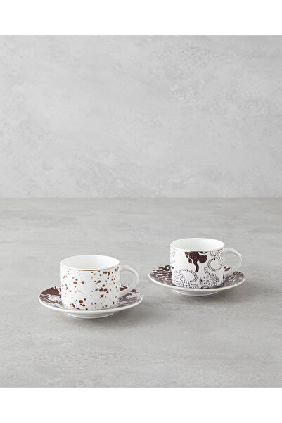 English Home Feline New Bone China 4 Piece Coffee Cup Set for 2 People 100 ml Brown