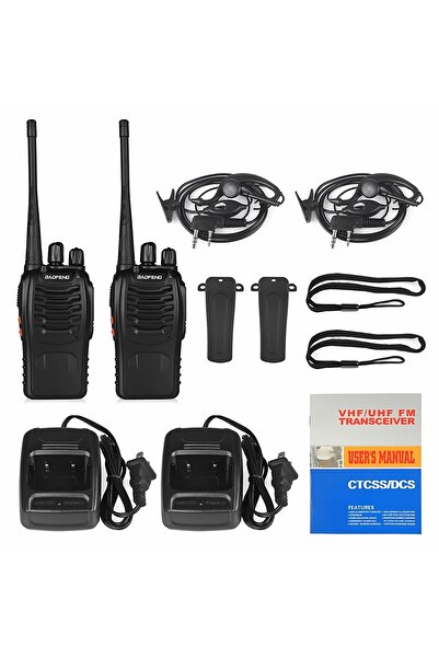 BAOFENG Two UV-5R handheld walkie-talkies, long-range two-way communication, rechargeable.