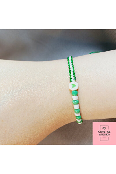 Crystal Atelier Bursaspor Heart Bead Fan Macrame Bracelet – Unisex Green White Handmade Adjustable Jewelry