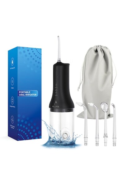 ALUVIA Irigator oral portabil, 1800 impulsuri/min, rezervor de 300 ml, negru, rezistent la apă, 4 duze