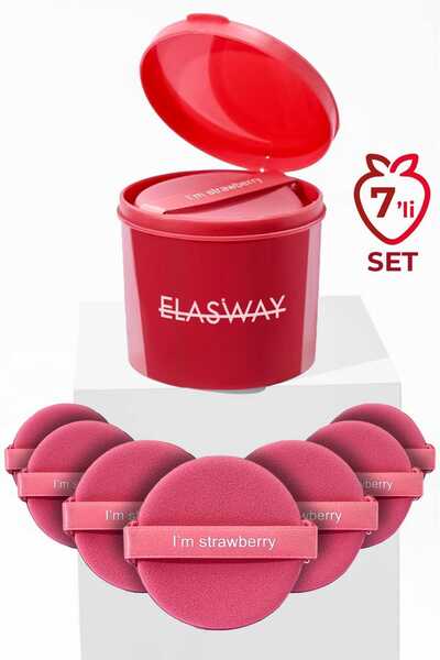 Elasway 7’li Yuvarlak Pudra Pufu Makyaj Süngeri Seti Islak/Kuru Parmak Bantlı Kutulu – Strawberry Pembe