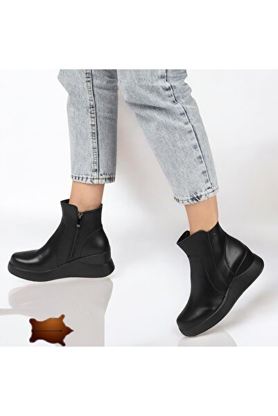 piele naturala Ghete scurte negre din piele naturală cu talpă ortopedică