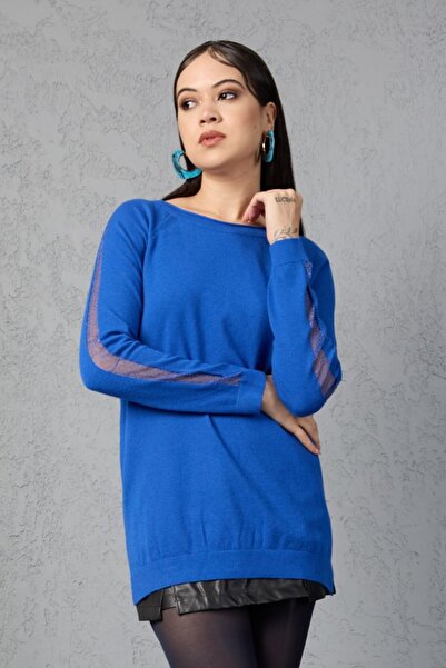 Moda Days Bluză tricotată cu gât rotund, cu mâneci raglan, cu detalii cu sclipici, pentru femei, albastru cobalt