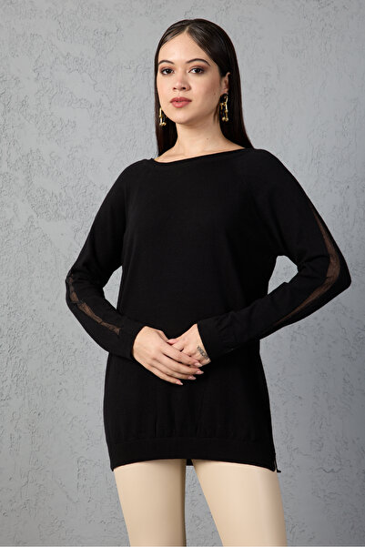 Moda Days Bluză de tricotat cu mâneci raglan negre pentru femei, cu detaliu argintiu, cu gât rotund