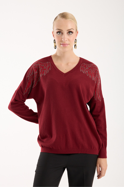 Clothes Fast Women's Burgundy Shoulder Stone Detailed V-Neck Knitwear Blouse