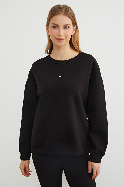Fulla Moda 3 Thread Stone Heart Detailed Oversize Sweatshirt