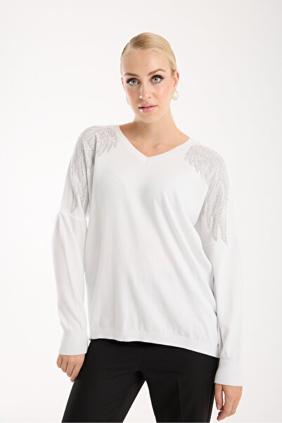 Moda Days Women's White Shoulder Detail V-Neck Knitwear Blouse