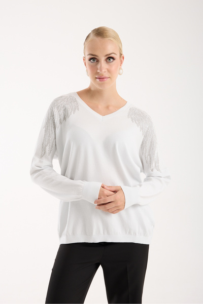 Moda Days Women's White Shoulder Detail V-Neck Knitwear Blouse
