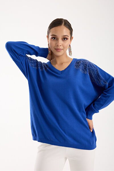 Clothes Fast Women's Cobalt Blue Shoulder Stone Detailed V-Neck Knitwear Blouse