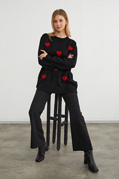 Fulla Moda Heart Embroidered Oversize Knitwear Sweater